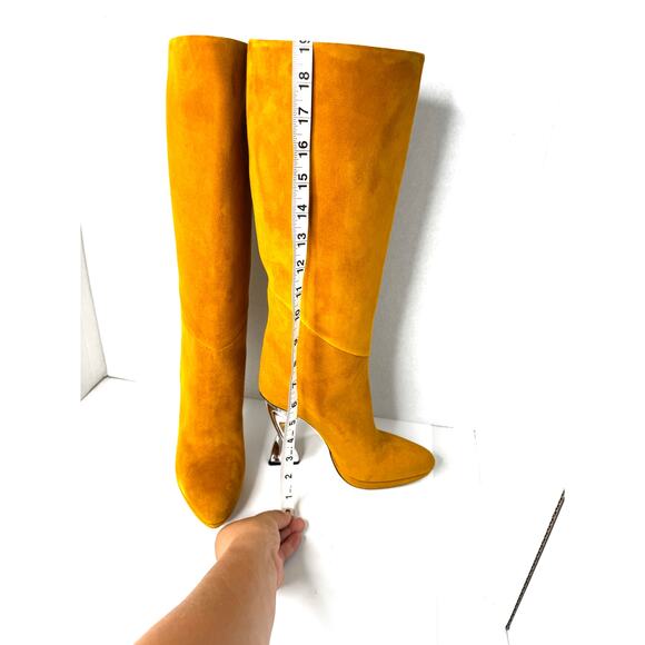 Brandon Maxwell Camel Suede Knee High Boots Sz 39 US 9 Sculptural Metallic Heel - Picture 7 of 9